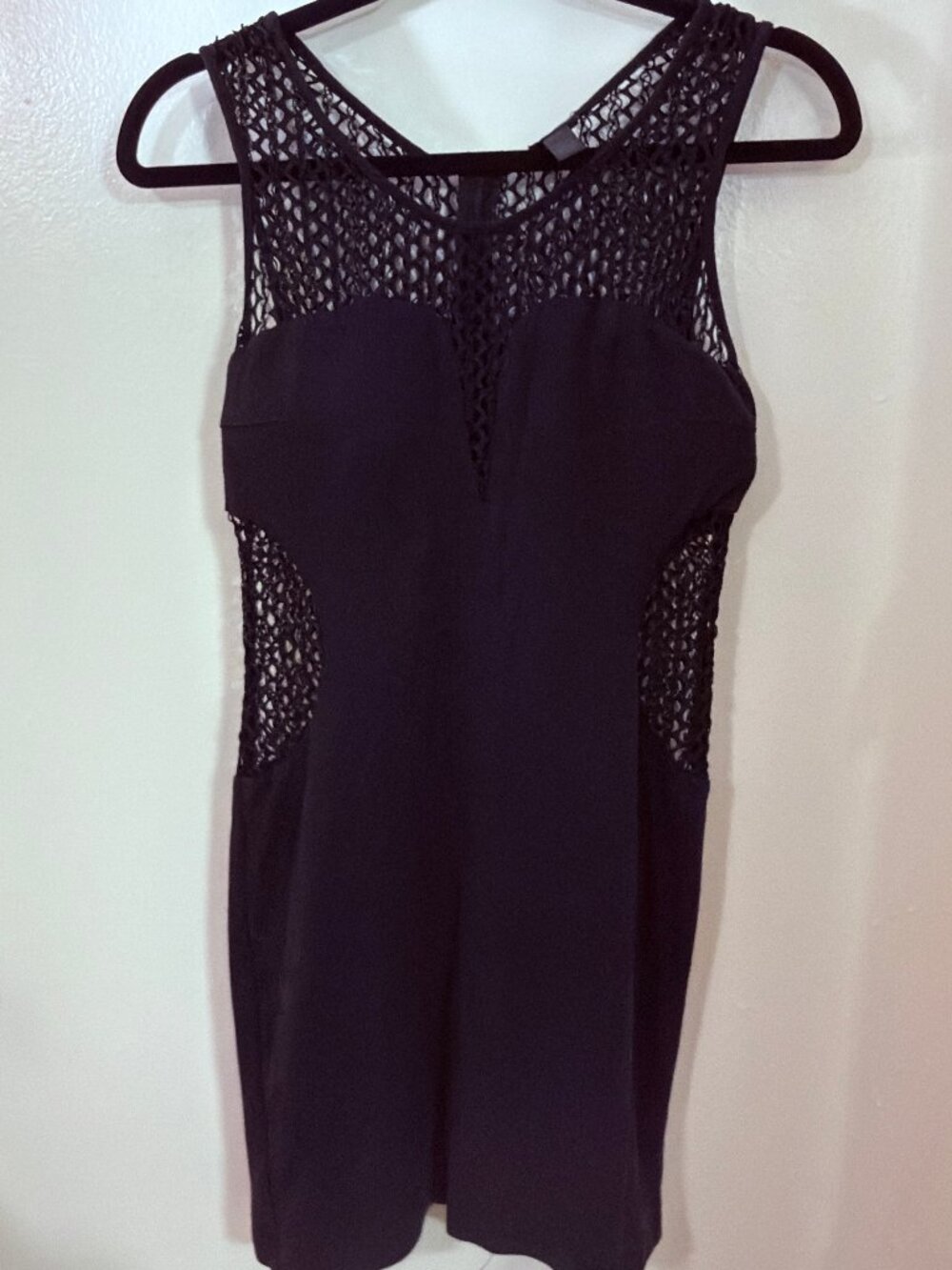 "Luz" Black Bodycon Dress Medium Mesh Crochet Sleeveless Mini Night Out Size L